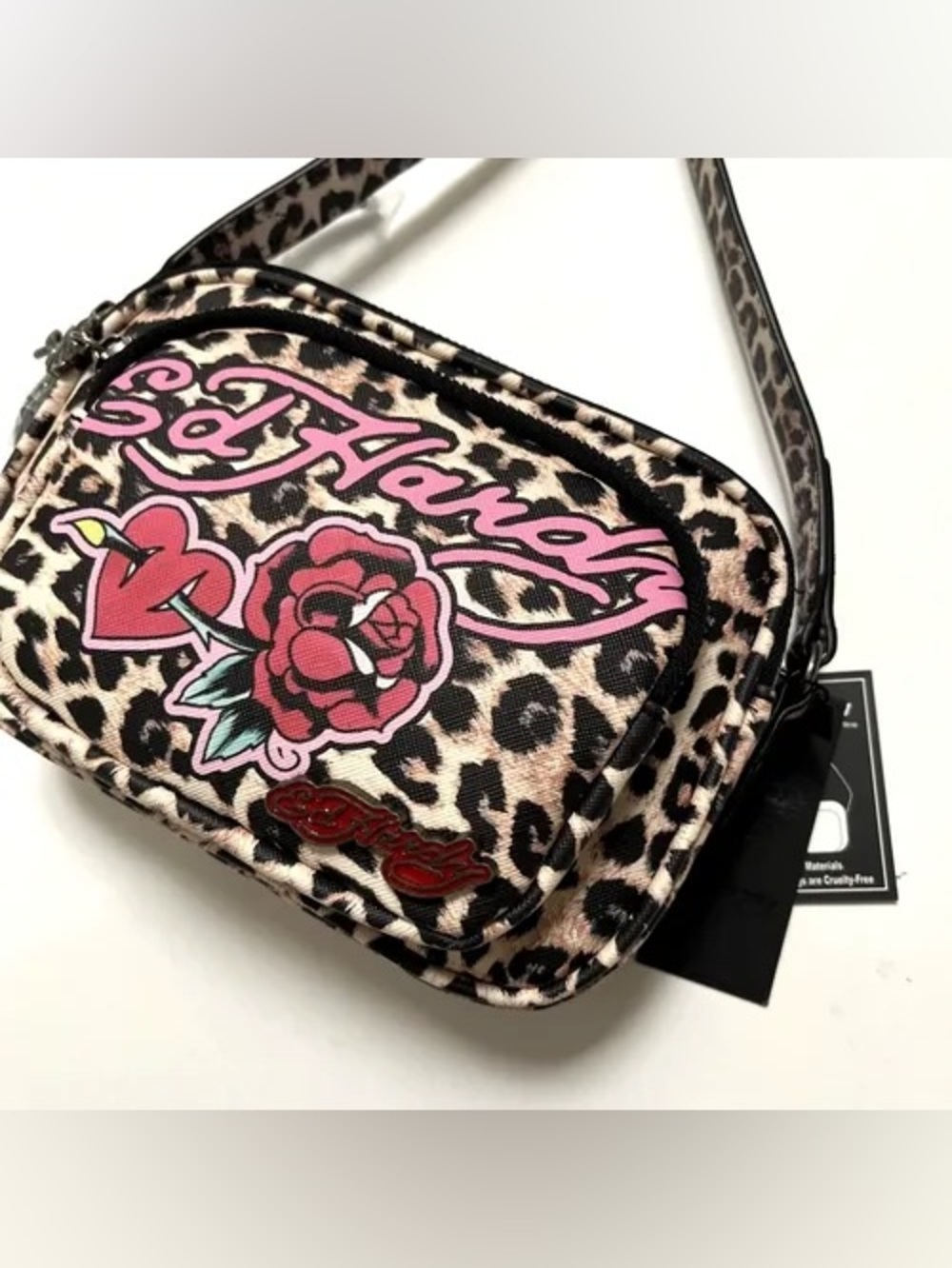 Ed Hardy Leopard Crossbody Bag with Pink Logo and Rose VINTAGE Y2K - Picture 1 of 7